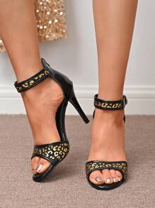 女士新款 2025 时尚舒适带扣豹纹露趾细高跟凉鞋，后跟拉链，亮面皮革，防滑耐用鞋底 - 彩色 - 查看 2