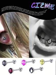 CIZME 花式文字图片徽标不锈钢直杠铃舌环棒穿孔饰品 14G 1.6*16mm 舌环