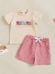 Conjunto de Ropa de Bebé y Niño Pequeño para el 4 de Julio - Camiseta con bordado de bandera americana + Pantalones cortos a cuadros, Atuendos adorables de verano para el Cuatro de Julio - Albaricoque - Ver 4