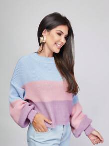 Striped Off-The-Shoulder Blouse Princess Sleeve Knit Warm Winter Fashion Blogger New2023 - Baby Blue - View 1