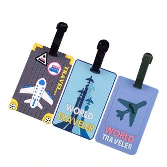 3 件装商务简约 PVC 行李牌，男女皆宜的可爱时尚卡通设计，实用的旅行行李配件，在机场易于识别，背面填写姓名以防止丢失，轻便，派对礼物/生日礼物