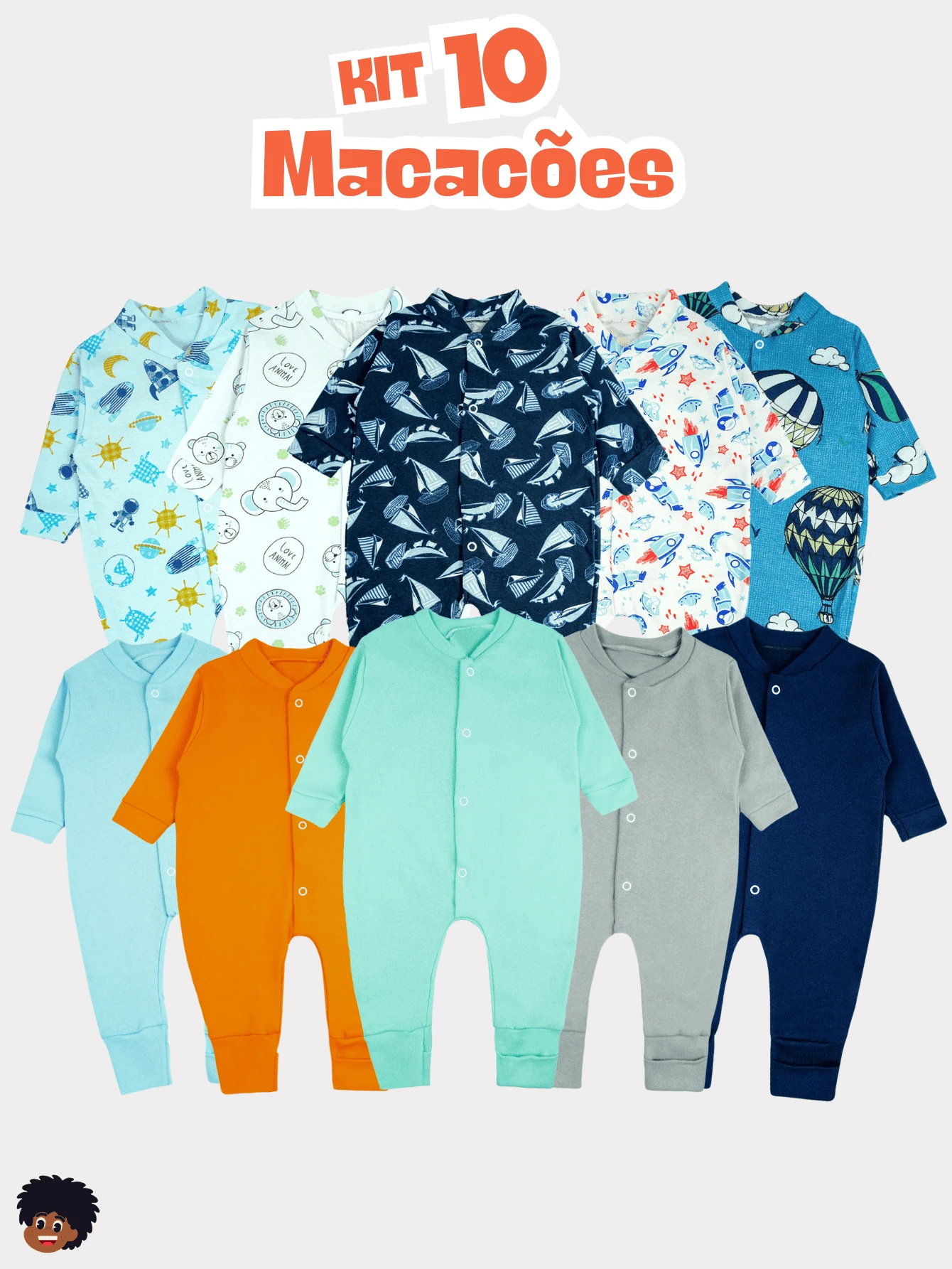 10 Pieces Baby Boy Rompers 5 Plain Pieces 5 Printed Pieces Assorted Maternity Layette - 彩色 - 查看 1