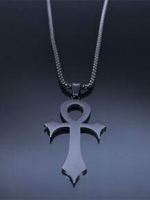 Colar Amuleto Religioso Goth Egípcio Cruz Ankh Chave da Vida em Aço Inoxidável na Cor Preta