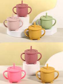 Customized Baby Silicone Double Ear Straw Cup, Drop Resistant And High Temperature Resistant Baby Drinking Cup, Penguin Water Cup, Feeding Utensils