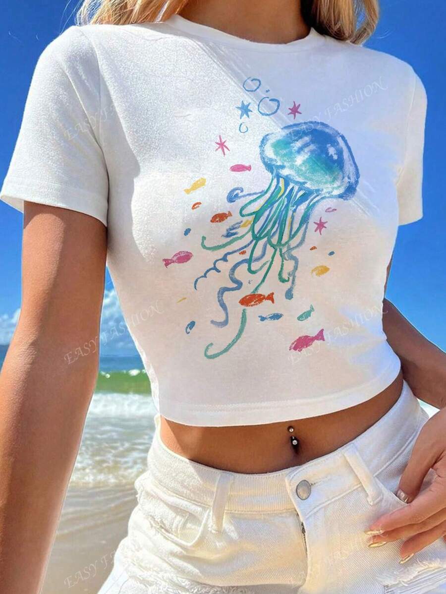 Casual Blue Jellyfish Print White Round Neck Short Sleeve T-Shirt, Slim Fit For Women, Summer Holiday