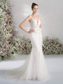Fish Tail Big V-Back Wedding Dress Shoulder Strap Design Style Wedding Dress Lawn Wedding Outdoor Wedding Dress Bow Belt Design Wedding Dress Lace Style Wedding Dress,Bride