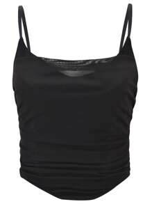 女士性感夏季网纱蕾丝露脐吊带背心，适合海滩、派对等场合 - 黑色 - 查看 2