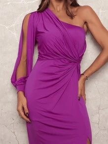 Long One Shoulder Dress With Padded Bra, Side Opening And Slit For Party Wedding Graduation - Rose Red - View 3