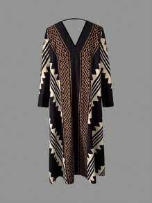 休闲度假风格 V 领休闲宽松数码印花编织女士长裙