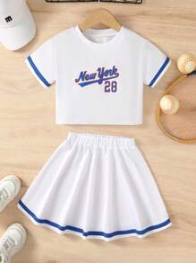 NEW YORK Print Girls Athleisure Set, Breathable Sports T-Shirt + Short Skirt Set Preppy Tennis Suit For Summer Outdoor Outdoor