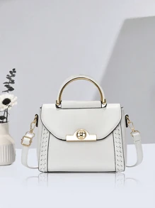 纯色女士小方包 女士手提包 单肩包 时尚迷你斜挎包 女士肩背钱包 带扣装饰 - 白色 - 查看 5