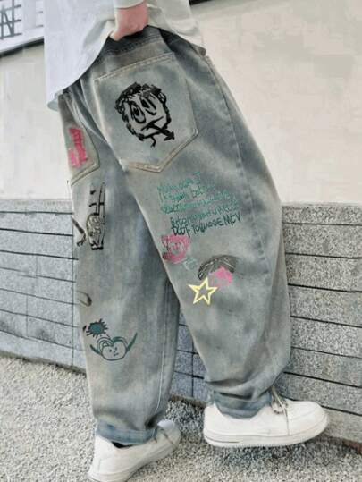 Spring And Autumn New Light-Colored Cartoon Graffiti Kids' Jeans, Loose Fit Trouser Pants For Teenage Boys