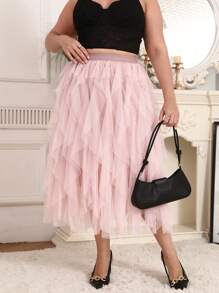 Plus Size Elegant Solid Color Asymmetrical Ruffle & Mesh Layered Skirt - Dusty Pink - View 2