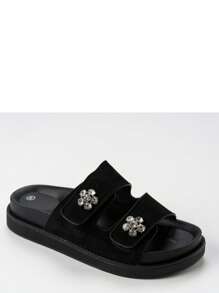 Women's Adjustable Buckle Floral Crystal Decorated Flat Slide Sandals, Suitable For Daily Wear Stylish Sandals Summer Sandals For Women - Black - View 1