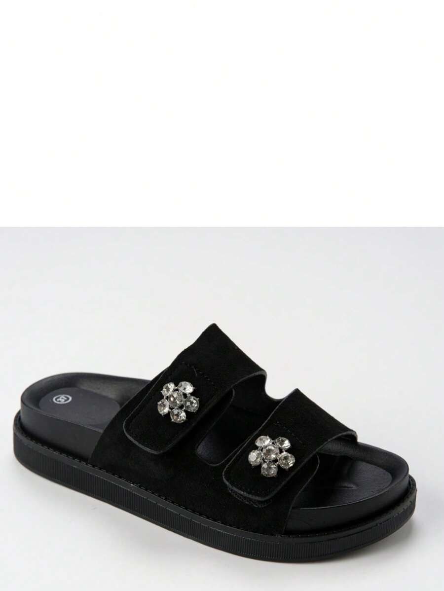 Women's Adjustable Buckle Floral Crystal Decorated Flat Slide Sandals, Suitable For Daily Wear Stylish Sandals Summer Sandals For Women - Black - View 1