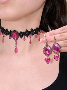 1 套深色哥特式水钻流苏耳环和项链，复古波西米亚蕾丝链吊坠耳环，适合女性日常佩戴派对礼物 - 首飾套裝 - 查看 3