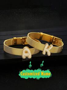 1pc European And American Fashion Popular Customize Name Letter Decor Watch Strap Bracelet For Boys Girls Street Party Unisex Jewelry For Festival & Birthday Gift For Daily Life - Gold - View 15