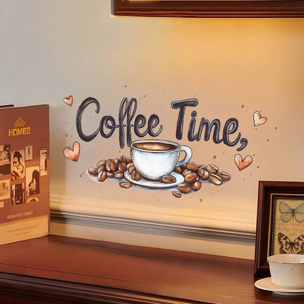 1 peça, adesivo de parede de vinil "Hora do Café", tema café marrom, com design de xícara e grãos, adesivo autoadesivo à prova d'água, adequado para cozinha, cafeteria, restaurante, bar de água, adesivos de parede para decoração de casa