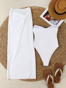 Elegant & Sexy Women's Beach Hollow-Out Bandeau One-Piece Swimsuit With Cover-Up & Skirt Set