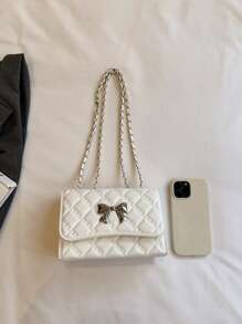 2024新款女士迷你时尚蝴蝶结装饰绗缝单肩包，优雅简约小链条斜挎包，复古风 - 白色 - 查看 4