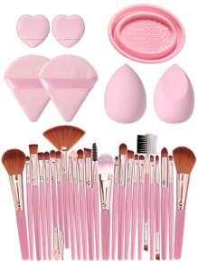 32PCS All-In-One Makeup Kit:25PCS Makeup Brush Set+2PCS Makeup Sponges+2PCS Triangle Powder Puffs+2PCS Mini Air Cushion Powder Puffs+1pc Makeup Brush Cleaning Tools.Gift Set For Women