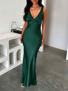 Look Polly Women's Solid Color Elegant Sexy V-Neck Silk Maxi Dress, Suitable For Weddings, Autumn, Back To School Occasions