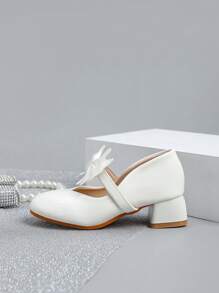 Bailarinas de piso blando tipo Mary Jane, zapatos beige con decoración de moño para niñas de talla media, zapatos versátiles para vestir