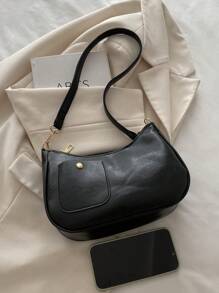 女士纯色新款便携式 PU 皮革手提包，时尚通勤单肩包 - 黑色 - 查看 4