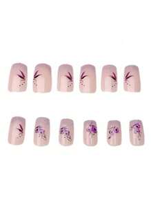 24Pcs Short Square Fake Nails, Cute Petal Decal Gradient Purple Wearable Artificial Nails Full Coverage Removable Manicure Set, Suitable For Ladies Party, Wedding & Daily Wear, European & American Valentine'S Day Press On Nails Nail Supplies Nails - Mauve Purple - View 4