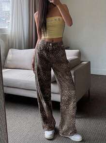 Women's Retro Fashion High Street Leopard Print Jeans, Loose Straight Hip-Hop Pants, Blended, Elegant Style, Long, Can Be Worn In All Seasons, Machine Washable - Màu Khaki - Xem 1