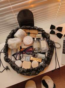 1pc Portable Polyester Makeup Storage Bag, Daily Black Drawstring Design Make Up Organizer Storage Bag For Outdoor Travel,Boho Vibes,For Holiday Beach, Bathroom Collection, Bedroom Collection, Large Capacity,Makeup Bag,Travel Essential - Black - View 6