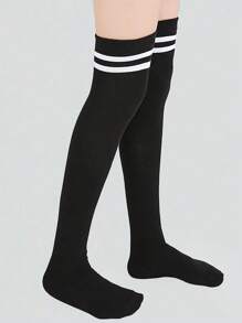 2 Pairs Girls' Solid Black & White Over-The-Knee Thigh High Socks, School Season JK Uniform Stockings For Teens & Youth