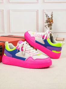 Fall/Winter Stylish Outdoor Skateboarding Shoes, Fashionable Dopamine-Inspired Color Blocking Design In Pink, Blue And Red, Elegant Sensitive Rubber Sole, Lace-Up Closure, Round Toe, Low-Top, Multi-Purpose, Suitable For Gift, Casual, Party, Women Athletic Sneakers - Pink Blue Rose Red - View 6