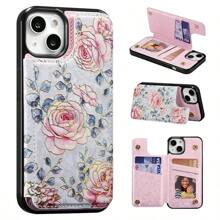 RFID Blocking Anti Theft Brush Slim Semi-Wrap Phone Case Compatible With Iphone 16 15 Pro Max 14 13 12 11 Galaxy S25 Ultra S24 Ultra S23 Plus S22 S21 Luxury Laser Embossed Floral Wallet Case