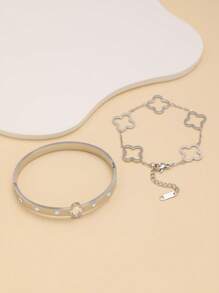 Polished Stainless Steel Four-Leaf Clover Zirconia Bracelet And Bangle Set, Fashionable Jewelry Accessories For Women, Suitable For Elegant Daily Wear And Party, Ideal Gift For Valentine's Day