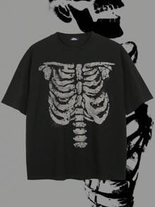 Tiny Spark Camiseta de manga corta de cuello redondo casual con estampado de esqueleto para hombres, versátil para el verano