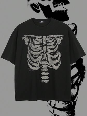 Tiny Spark Men's Casual Crew Neck Short Sleeve Skeleton Print T-Shirt, Versatile For Summer, 2000s Style