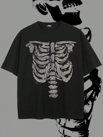 Tiny Spark Herren Lässig T-Shirt mit Totenkopf-/Skelett-Muster, Rundhalsausschnitt, Kurzarm, vielseitig für den Sommer