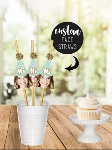 12Pcs Customized Age Number & Face Golden Paper Straws, Single Girl Birthday Party Paper Straws Decor For Wedding, Birthday, Anniversary, Bachelorette Party, Multi-Functional, Ornamental, Reusable, Exquisite, High-Quality, Colorful, Modern, Custom, Personalized, Unique, Ideal Gifts For Her, Dad, Mom, Family, Friends, Tea Room, Home, Garden, Office, For Anniversaries, For Valentine's Day, For Mother's Day, For Father's Day, For Housewarming, Home Refresh, Customized Water Bottle & Cup Accessories - Multicolor - View 2