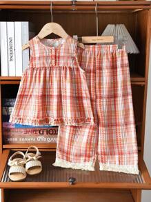 Set casuale da 2 pezzi per ragazze giovani, composto da canotta con stampa quadrettata e pantaloni in tessuto intrecciato, adatto per l'estate - Arancione - Visualizzare 1