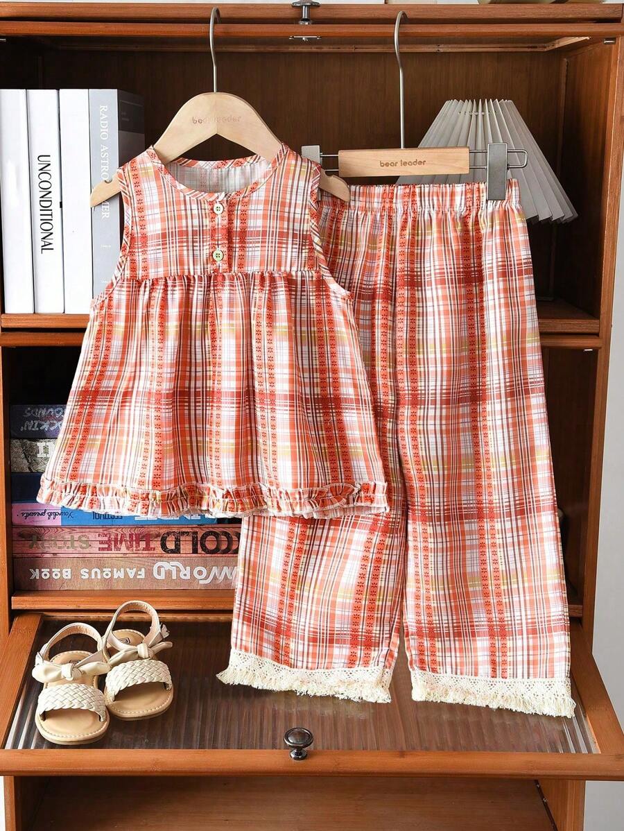 Set casuale da 2 pezzi per ragazze giovani, composto da canotta con stampa quadrettata e pantaloni in tessuto intrecciato, adatto per l'estate - Arancione - Visualizzare 1