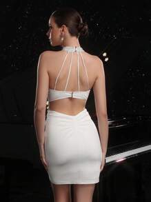 Rochie de seară fără spate, elegantă, cu panouri din plasă tricotată elastică, cu strasuri, pentru femei, pentru petrecere, de nuntă, cu imprimeu floral