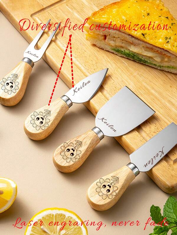 Individuelles 4-teiliges Küchenset mit Käsemessern und Schneidebrettern - beinhaltet Käsemesser, Buttermesser, Pizza-/Käsemesser & Gabel, Käseschneider, Holzgriff, personalisiertes Hochzeitsgeschenk, Einweihungsgeschenk, Brautgeschenk, Küchengeschenk