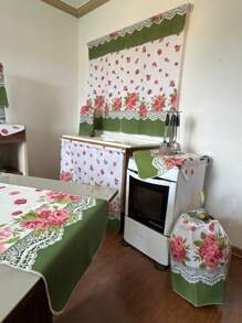 Kitchen Set Kit 10 Printed Pieces Window Curtain Table Runner Sink Curtain Tea Towel Placemat - flores rosa verde - 查看 2