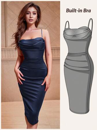 CurvySweet 优雅修身时尚垂坠领口中长吊带连衣裙，内置胸罩，派对礼服，婚礼宾客鸡尾酒会礼服