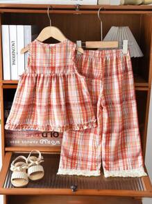 Set casuale da 2 pezzi per ragazze giovani, composto da canotta con stampa quadrettata e pantaloni in tessuto intrecciato, adatto per l'estate - Arancione - Visualizzare 2