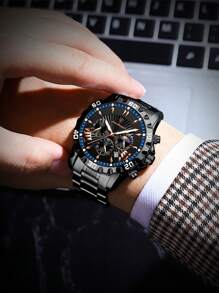 POEDAGAR Fashionable Stainless Steel Quartz Watch For Men, With Calendar Function, 30M Water Resistant, Chronograph Sub-Dial, Suitable For Birthday/Holiday Gift And Casual Daily Wear - Blue - View 3