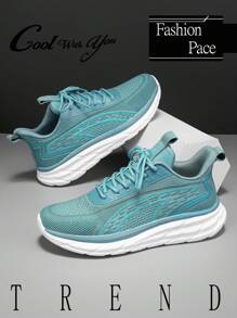 Zapatillas deportivas con suela gruesa y amortiguación, estilo casual de uso diario con bloques de color, rayas, malla transpirable y cordones delanteros, para primavera/verano