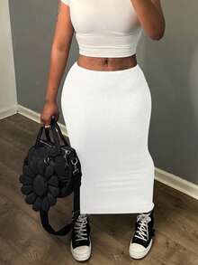 大码时尚简约修身半身裙，适合毕业典礼/独立日 - 白色 - 查看 3