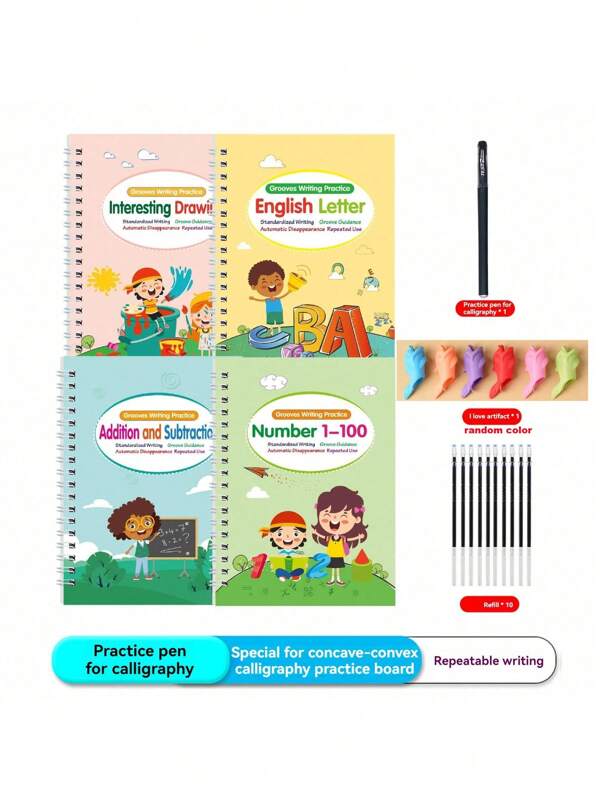 Cuadernos de caligrafía mágicos, cuadernos de práctica de escritura reutilizables, plantillas con ranuras de práctica de caligrafía para preescolar de 4.92in * 7.01in, diferentes libros, bolígrafos, útiles escolares, de vuelta al colegio